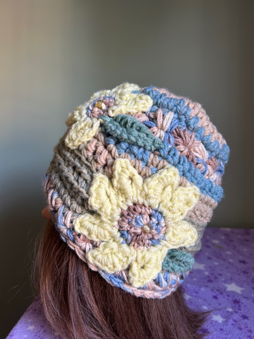 Handmade Pastel Crochet Flower Beanie - Yellow Flower Accent medium